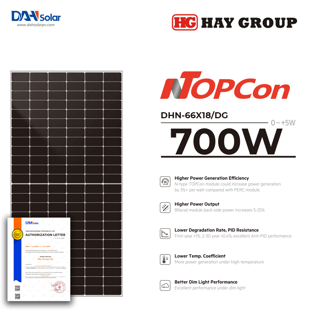 DAH Solar DHN-66Y18/DG 700W – N-Type TOPCon двулицев фотоволтаичен панел